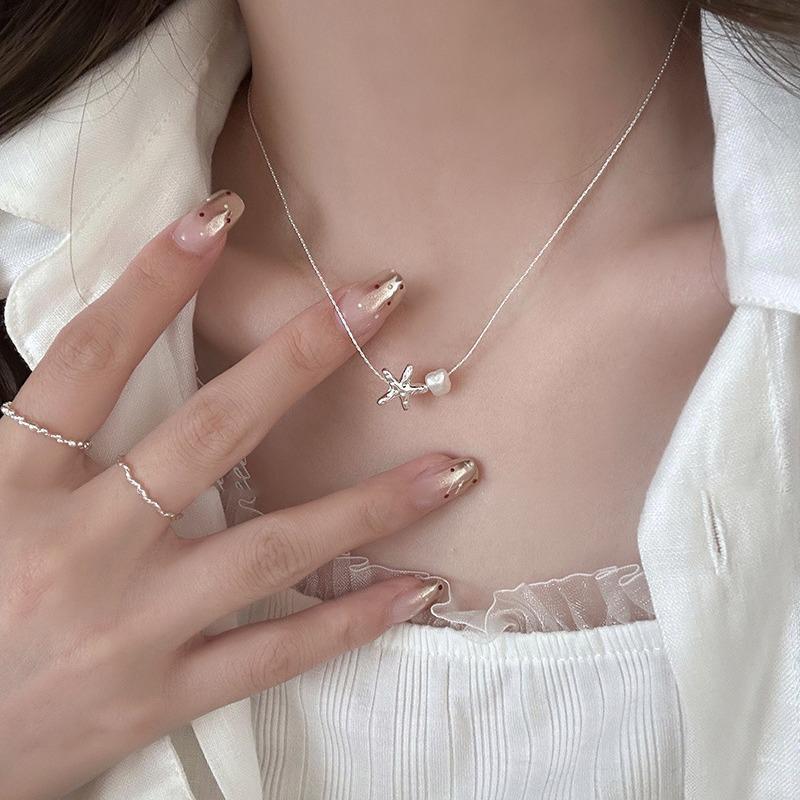 Newsmallbrains แฟชั่น Bright เงินปลาดาว Pearl สร้อยคอจี้ Clavicle Chain เครื่องประดับอุปกรณ์เสริมสํา