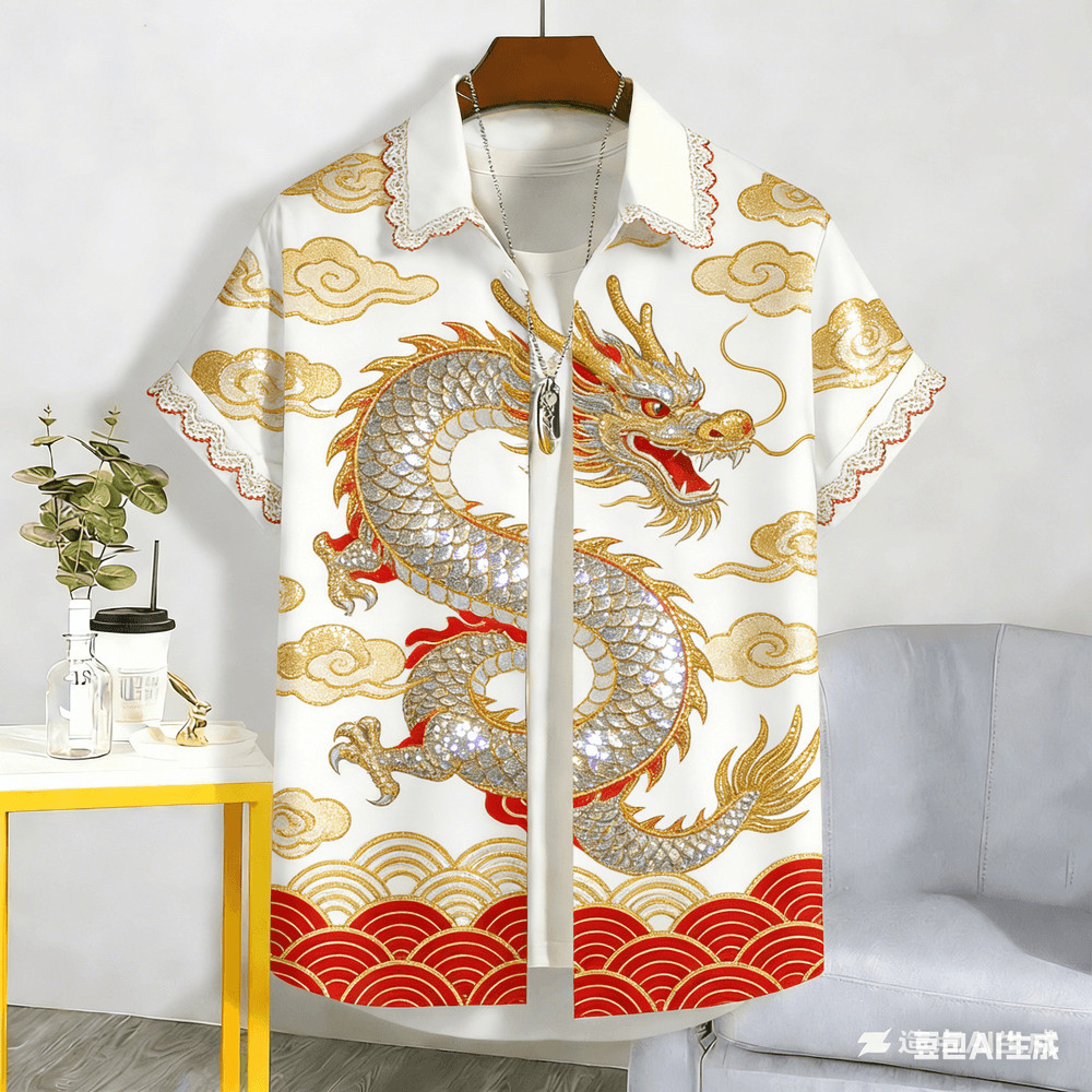 เสื้อลายแขนสั้นสำหรับปีมังกร ปีใหม่ใส่สบายระบายอากาศดี เหมาะสำหรับเสื้อลายลำลองในฤดูร้อน