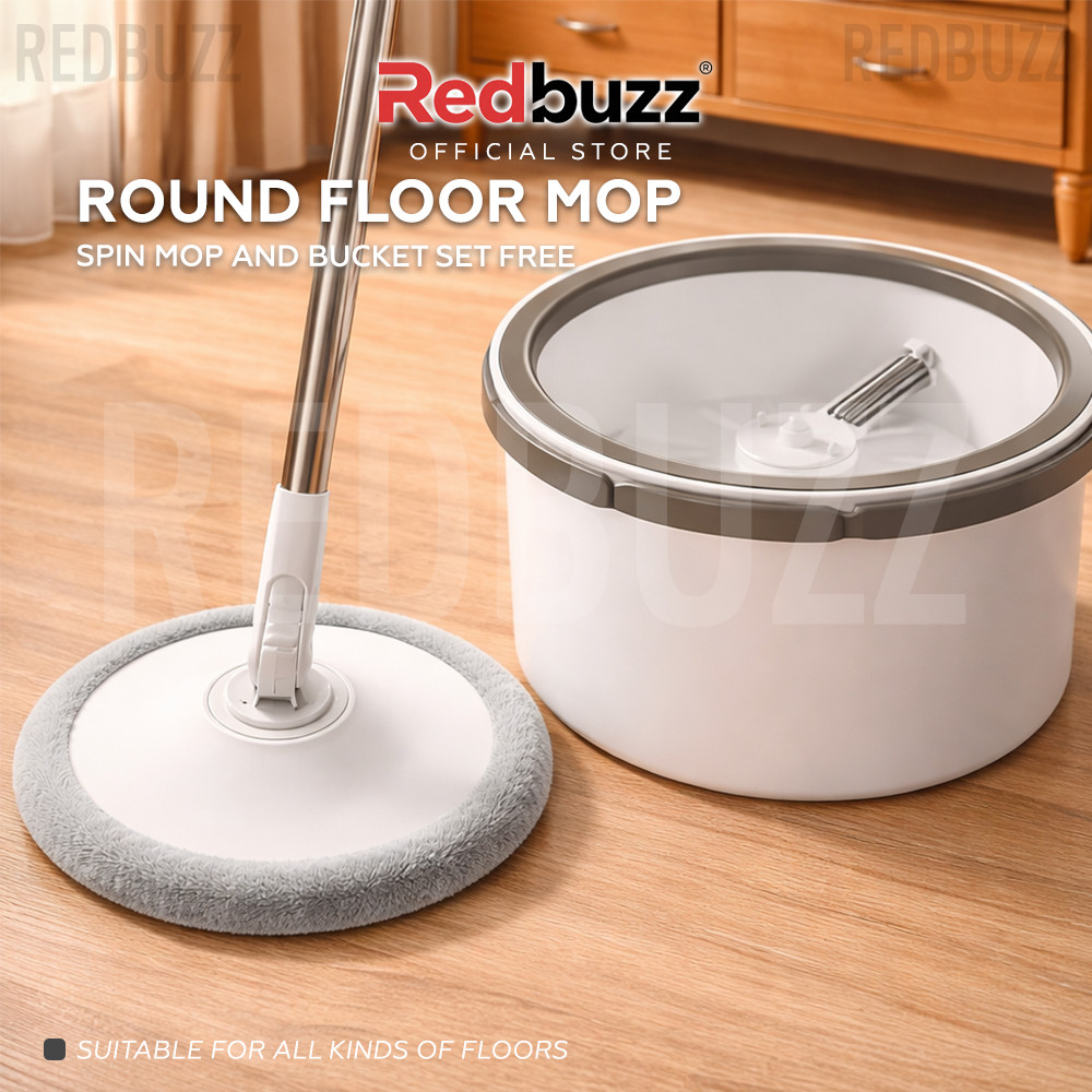 REDBUZZ Spin Mop ไม้ถูพื้นแบนหัวกลม ไม้ถูพื้นแห้งเร็ว ไม้ถูพื้นผ้าไมโครไฟเบอร์ Spin Wash Mop Lantai 