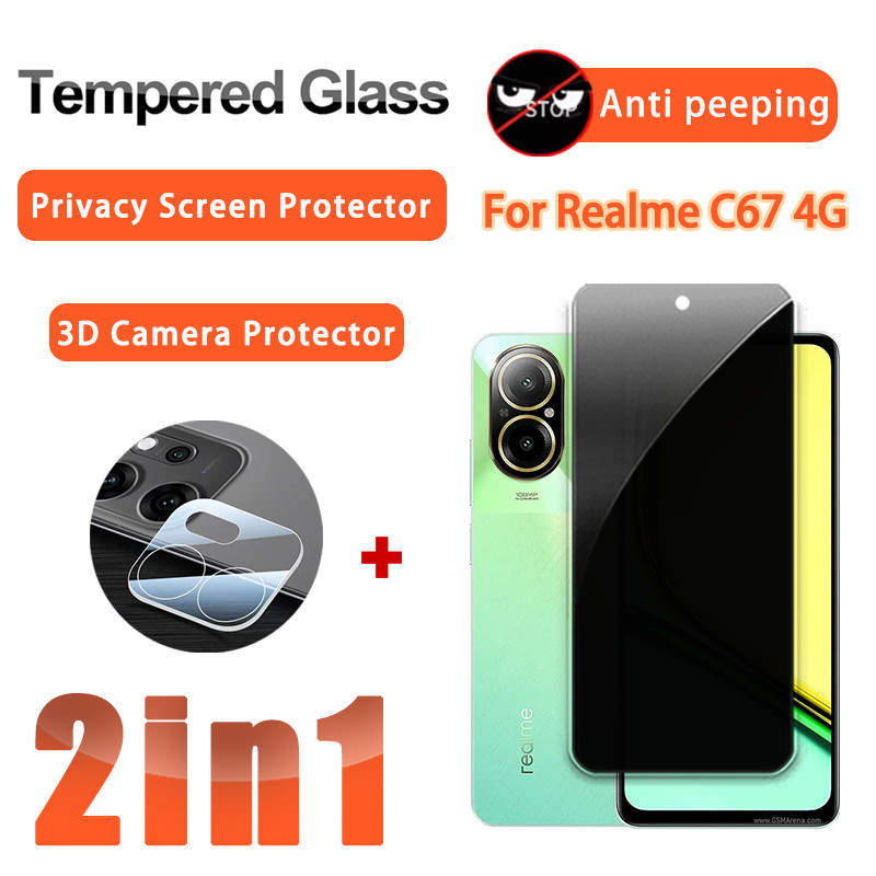 2 ใน 1 ฟิล์มความเป็นส่วนตัว Realme C67 4G ฟิล์มกระจกนิรภัยสำหรับ Realme C67 C65 C63 C61 C85 Pro C75 