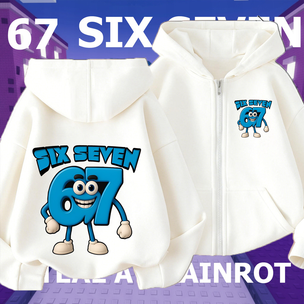 เสื้อฮู้ดเด็ก สีดำ/ขาว ลายการ์ตูน ROBLOX 67 SIX SEVEN เสื้อฮู้ดมีซิปสำหรับเด็ก