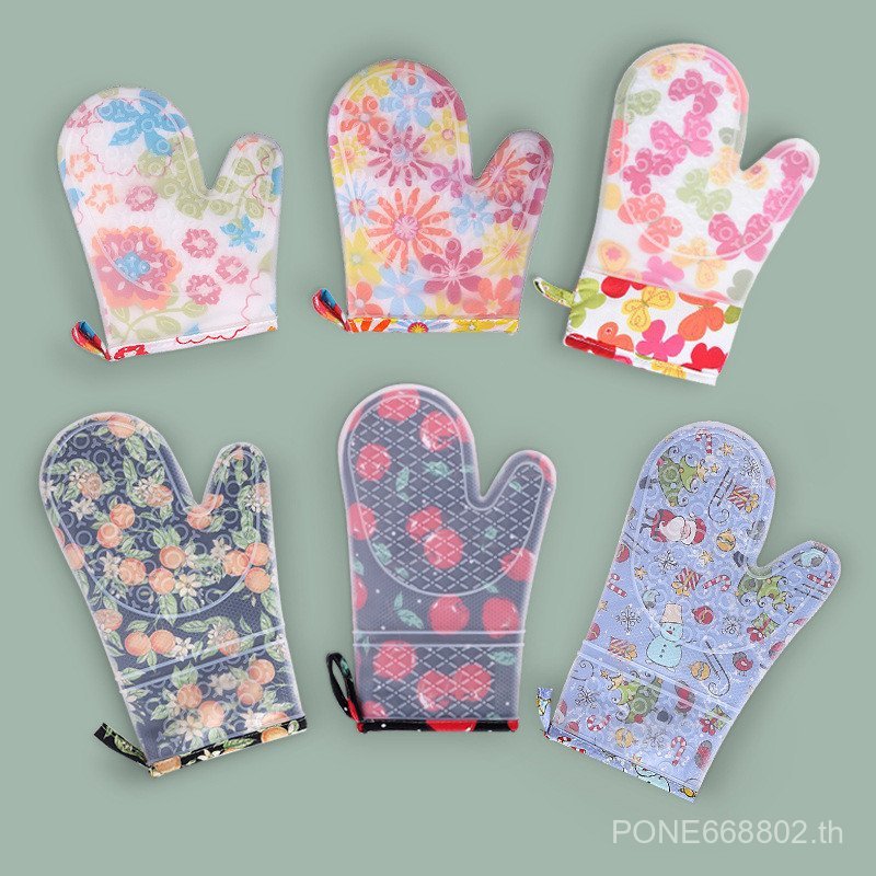 ถุงมือซิลิโคนผ้าฝ้ายหนาสองชั้นถุงมือฉนวนกันความร้อนอบเตาอบไมโครเวฟสองนิ้วพิมพ์ถุงมือผ้า ย7ถึง