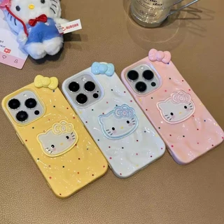 เหมาะสําหรับ IPhone 16 15 14 13 12 11 Pro Max X XR XS Max 7 8 Plus เคสโทรศัพท์ 3D แมวน่ารักโบว์การ์ตูน Polka Dot
