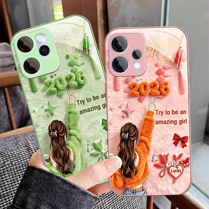 เคส OPPO Reno 15 15F 5G เคส OPPO Reno 15 Pro 5G Pro Max 5G เคสลายการ์ตูนนางโชคดี กันกระแทก ขอบซิลิโคนอ่อน รุ่นใหม่ปี 2026 เคสหรูแบบแข็งพร้อมฝาหน้าแก้วเหลว