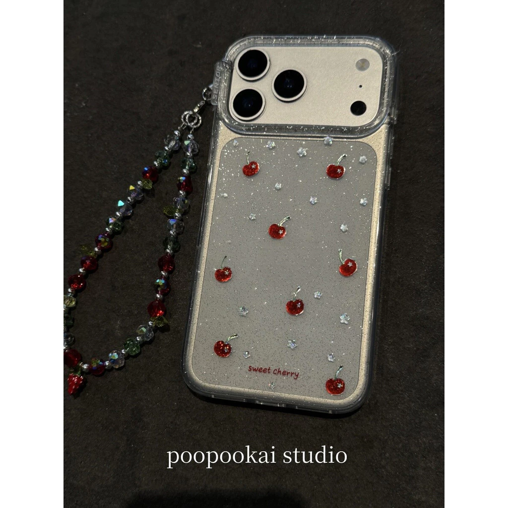 Case Chain Luxury Sparkle Cherry Red Bead Strap สําหรับ IPhone 17 Pro Max 16 Pro 15 14 Pro