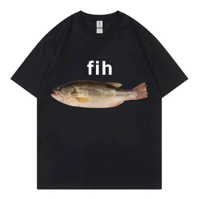 ตลก เสื้อยืดคอกลมลายปลา Fih Meme แฟชั่นแขนสั้น เสื้อยืดผู้หญิง เสื้อยืดลำลอง สตรีทแวร์