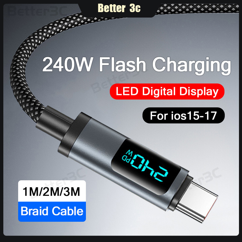 240W USB/Type C ถึง Type C สายชาร์จโทรศัพท์พร้อมจอแสดงผลภาพ 6A Super Fast สายชาร์จ 1 M/2 M/3 M ตัวเลือก High-Density Braid ข้อมูลสายสําหรับ ios15-17