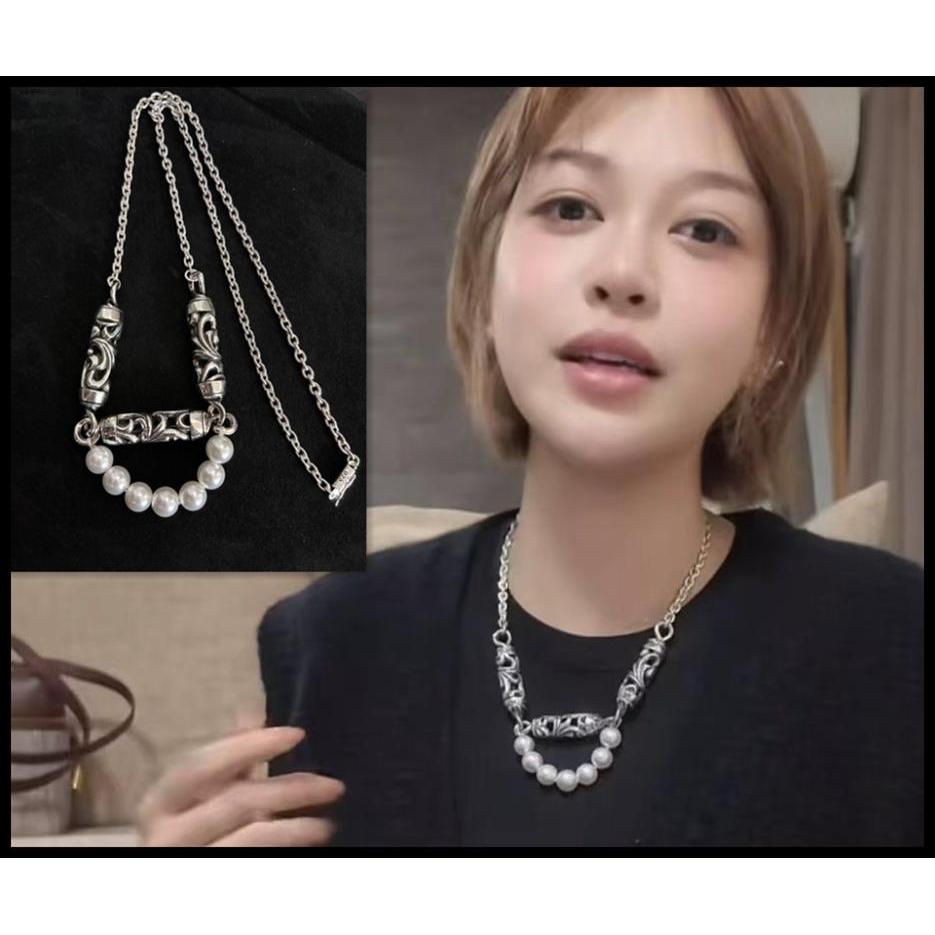 CH สร้อยคอ 925 Silver CDG Co-Branded Hollow Dzi Pearl Necklace 0146