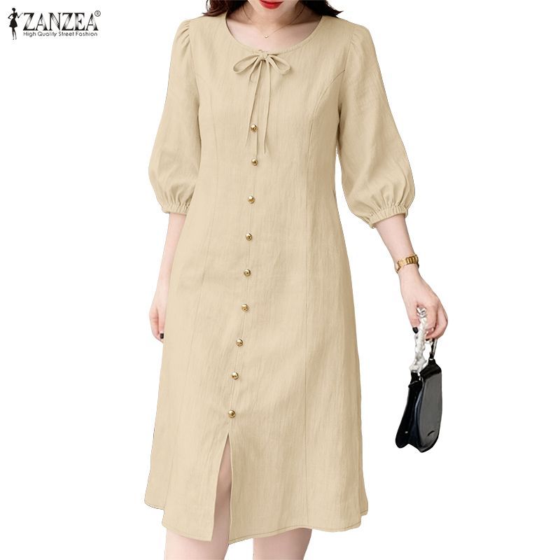 ZANZEA ชุดเดรสสไตล์เกาหลีสำหรับสตรี แขนกุด 3/4 กระโปรงยาวถึงเข่า