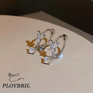PLOYBRIL 1 คู่ประดับโบว์ ประดับเพทาย ผู้หญิง สไตล์เกาหลี แฟชั่น นิชต่างหูห่วงต่างหูสไตล์เย็น E043