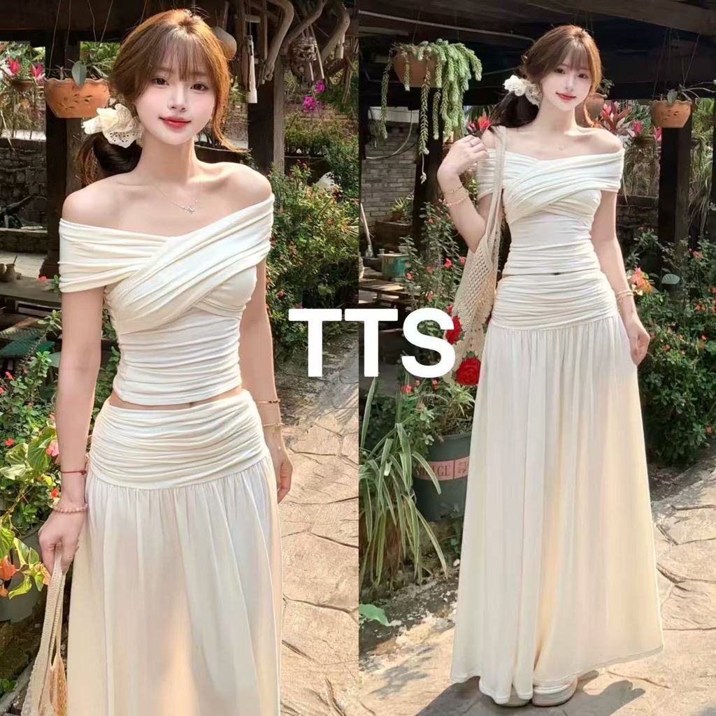 TTS🔥 เดรสยาวสีขาวสไตล์ฝรั่งเศสเปิดไหล่สำหรับผู้หญิง สไตล์ใหม่สำหรับต้นฤดูร้อน เดรสยาวเข้ารูปเน้นเอวอย่างสง่างาม