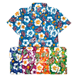 งานไทย เสื้อลายดอก เสื้อสงกรานต์ ผู้หญิง ผู้ชาย ลายชบาสีสด ช…