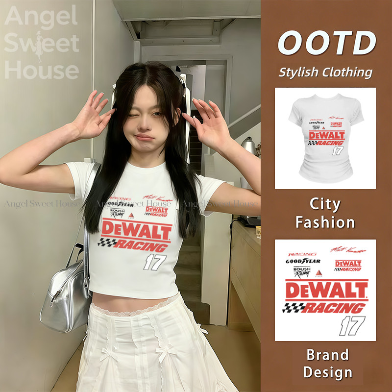 (จัดส่งตลอด 24 ชั่วโมง）Angle Official  เสื้อยืดสวยๆผู้หญิง แขนสั้น ทรงเข้ารูป เซ็กซี่ สไตล์อเมริกันย้อนยุคเรียบง่าย
