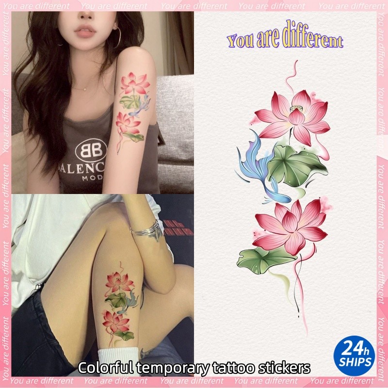 สติกเกอร์ลายเส้นภาพสักลายดอกบัวและปลาสีฟ้าสำหรับสาวเซ็กซี่ ทนน้ำได้นานถึง 7 วัน