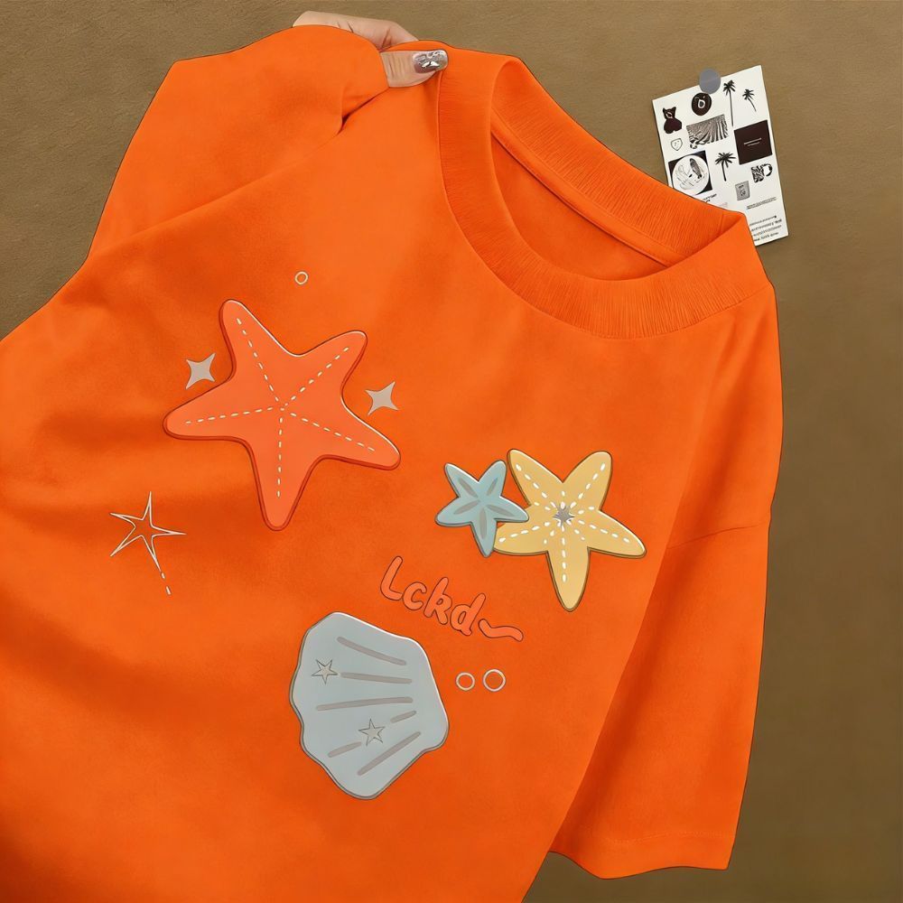 【My-T】🌸เสื้อยืดสีส้ม  เกาหลีมินิมอล "Starfish shell" พิมพ์ลาย ผ้าCOTTON โคตรนุ่ม OVERSIZE เสื้อคอกลม【COD】