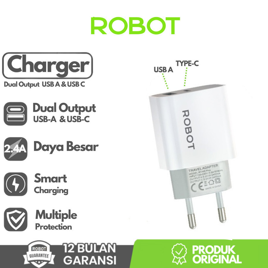 RT-K8 ROBOT ADAPTER PLUS 2 PORT USB A & USB C BATOK 2 OUTPUT A+C CHARGER FASTCHARGING C203 RETAIL LI