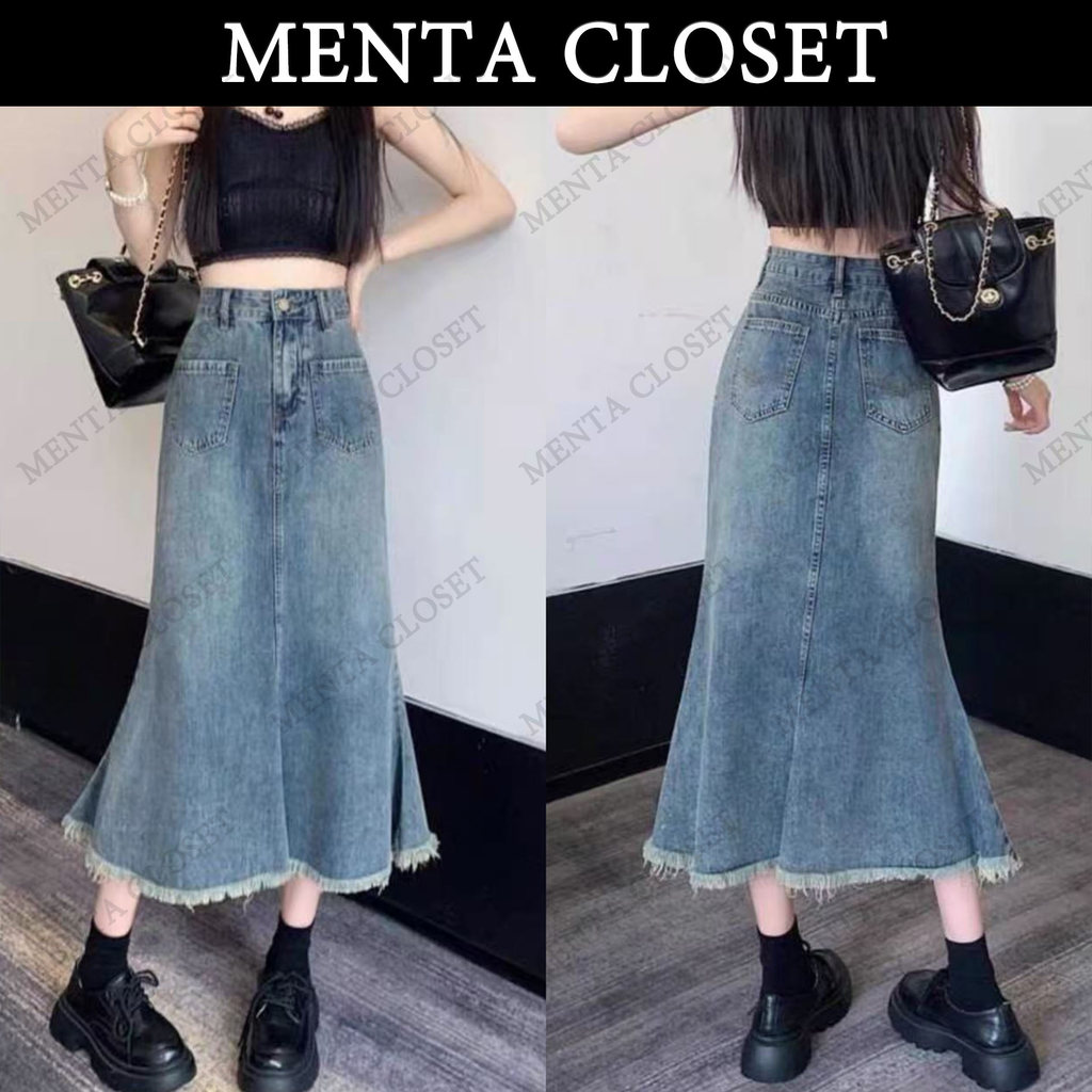 MentaCloset กระโปรงยีนส์รุ่นใหม่ เอวสูงและทำให้ดูผอมเพรียว สไตล์แฟชั่น กระโปรงหางปลาแนววินเทจ V27