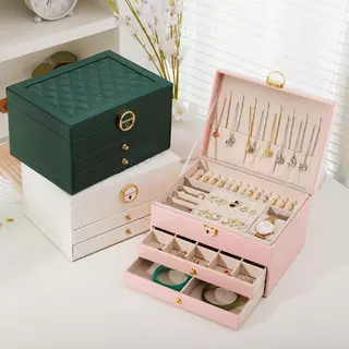 WREN Jewelry Organizer ที่เก็บต่างหูและสร้อยคอสามชั้น​ กล่องเก็บเครื่องประดับความจุขนาดใหญ่พร้อมกุญแจ​ กล่องใส่เครื่องประดับสําหรับเดินทางแบบถือหนัง ปู่​ ตารางโต๊ะเครื่องแป้งองค์กร​