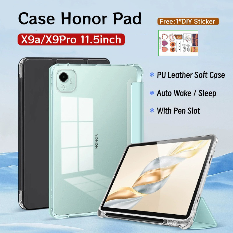 เหมาะสําหรับ Honor Pad X9a 11.5 นิ้วพร้อมที่ใส่ดินสอหนัง PU นุ่มกลับโปร่งใสแท็บเล็ตสําหรับ Honor Pad