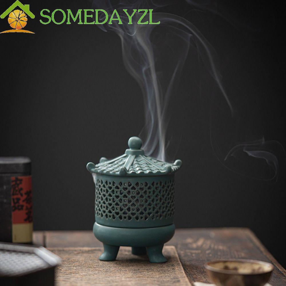 SOMEDAYZL กระถางธูป, เซรามิกพร้อมฝาปิดเตาไม้กฤษณาไม้จันทน์, ตกแต่งห้อง Creative Retro ธูป Censer โยคะสตูดิโอ