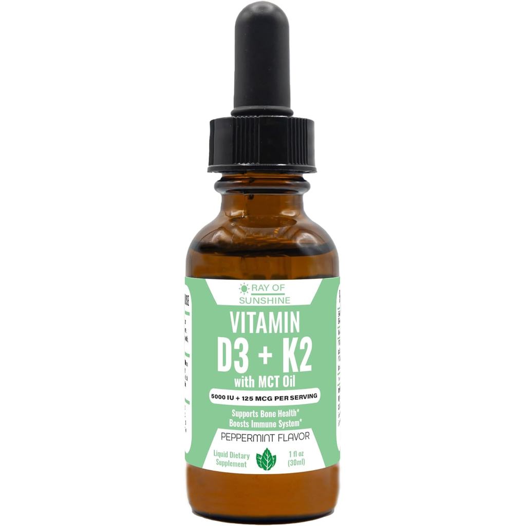 Ray of Sunshine Organic Vitamin D3 K2 Drops with MCT Oil, 5000 IU (125 mcg), plemt Liquid for Faster