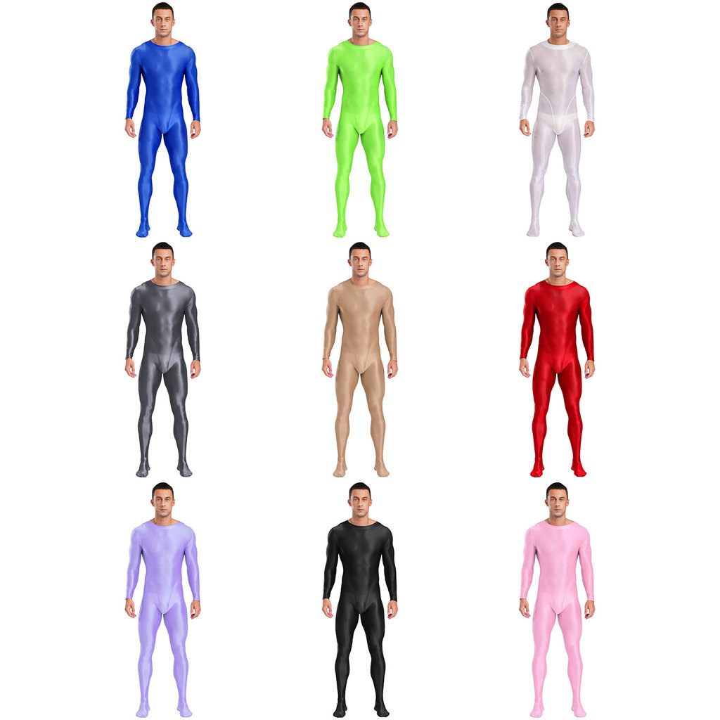 Nikiikoo Men's Full Body Bodysuit แขนยาว ลายเงางาม สำหรับงานปาร์ตี้หรือนอน