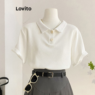 Lovito เสื้อยืดลําลอง สีพื้น-Waffle Knit -Polo เสื้อยืดสำหรั…
