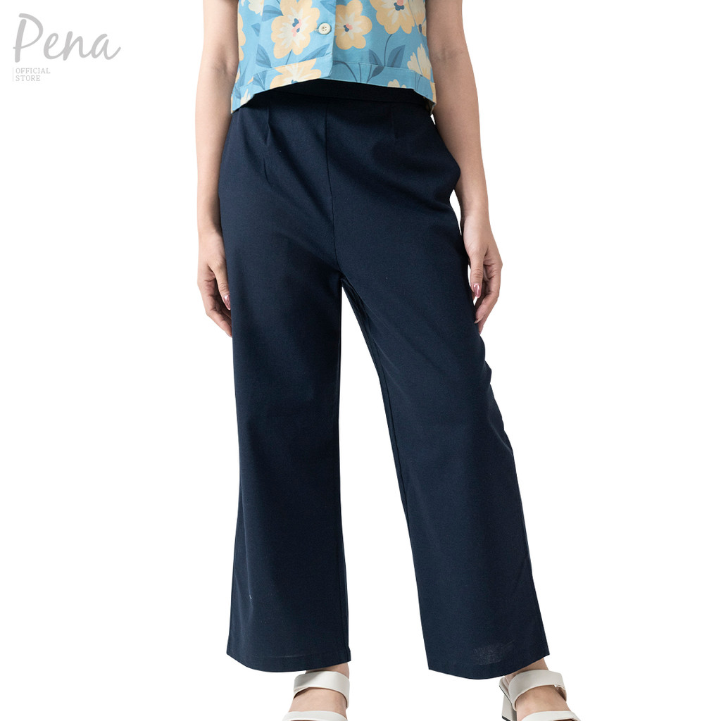 Pena House กางเกงขายาวทรงขากระบอกกว้าง  สีพื้น ขอบเอวยายืด POPL022602