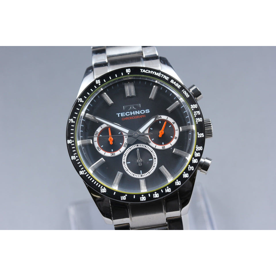 Vintage [Near MINT] Technos T9B87 Silver Chronograph Black 40mm Qz Men's Watch