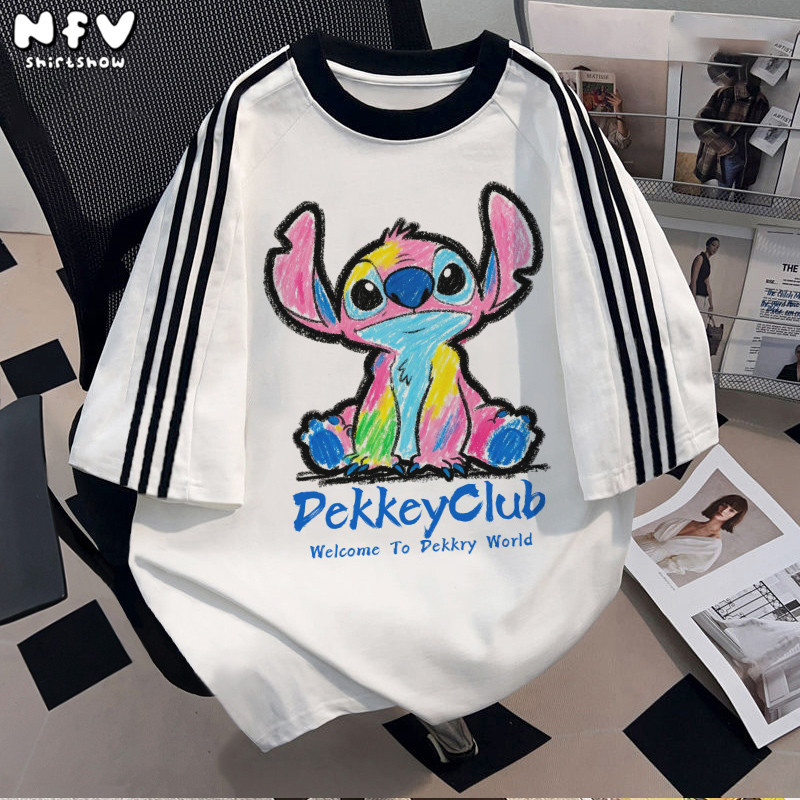 【จัดส่งตลอด 24 ชั่วโมง】NFV แฟชั่นเกาหลี เสื้อยืดแขนสั้นคอกลม Stitch Oversized ทรงหลวม ผ้าฝ้าย YG1448