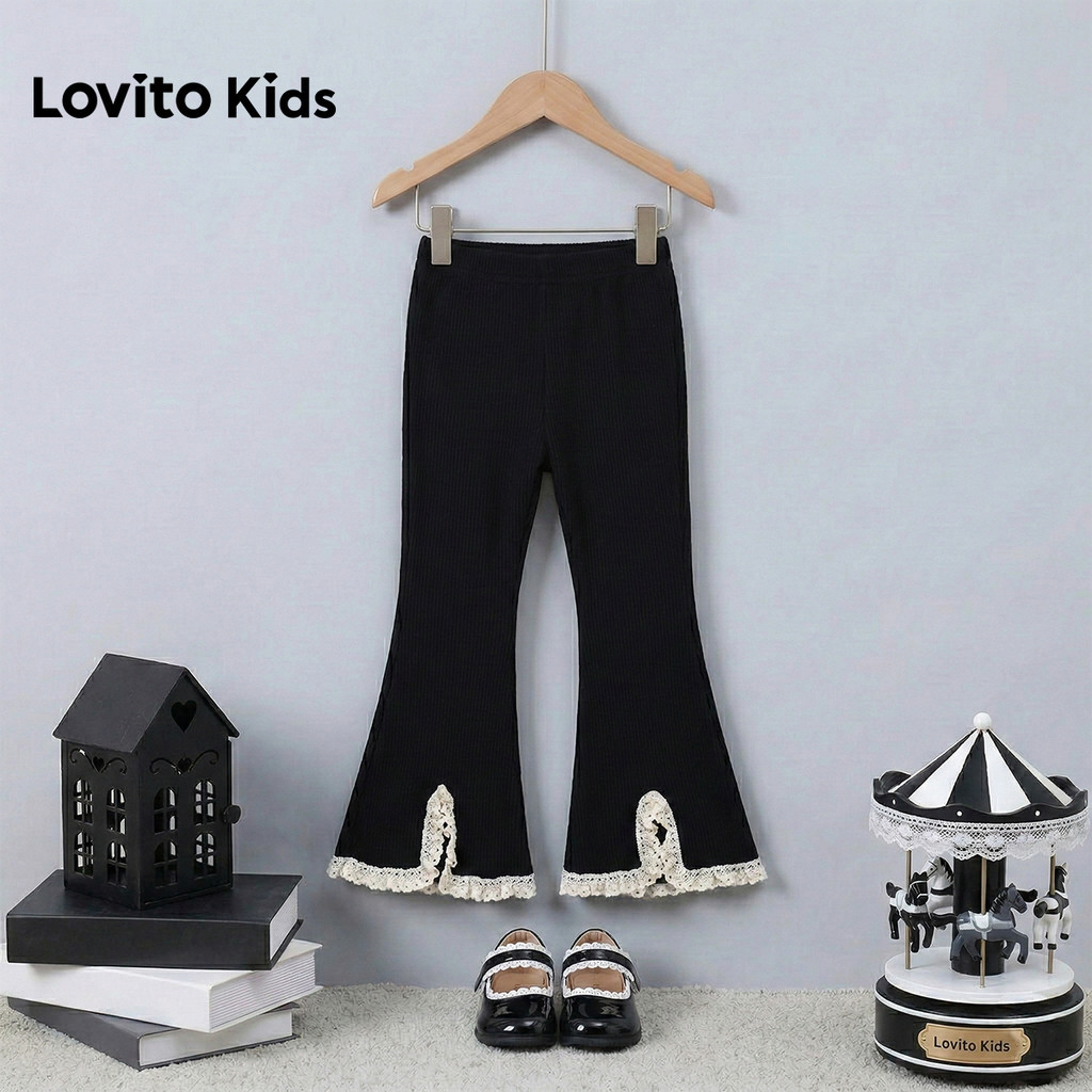 Lovito Kids  กางเกงลําลองสีดําขาวสําหรับสาวฤดูใบไม้ผลิฤดูร้อนแบบระบายใหญ่ LNL136335