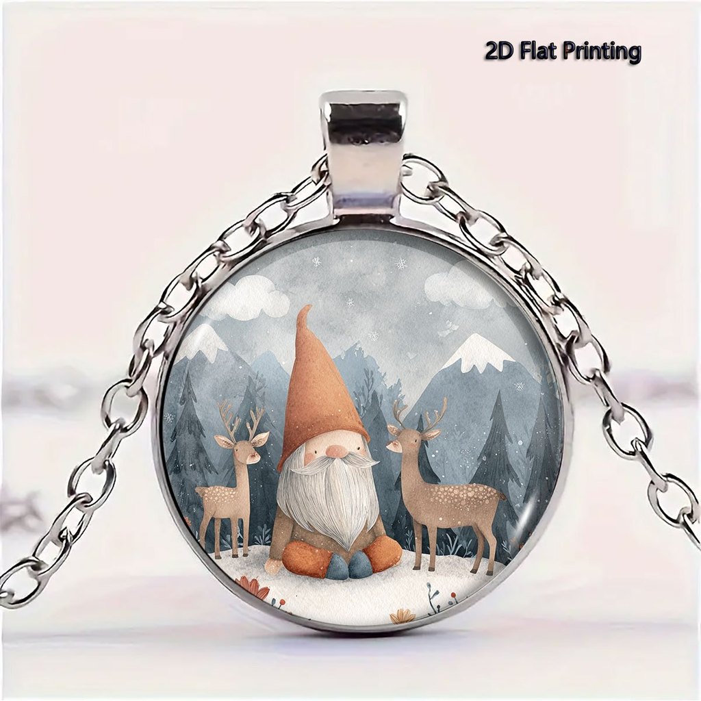 1PC 2D แบนพิมพ์ฤดูหนาว Gnome Reindeer Snowy ฉากสร้อยคอ, วันครู/วันวาเลนไทน์/ครอบครัว/ทิวทัศน์คริสต์ม