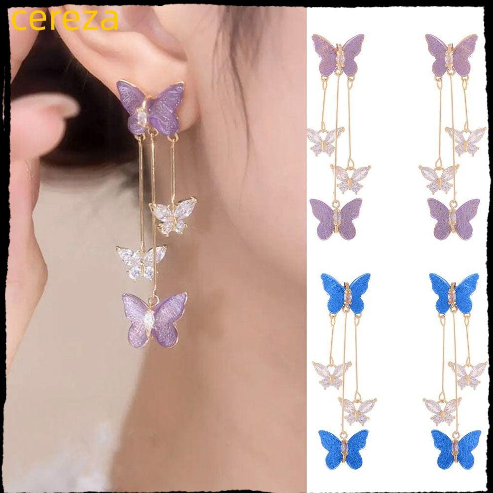 CEREZA ต่างหูพู่ผีเสื้อ,โลหะผสมต่างหูห้อยสีม่วง,อินเทรนด์ด้วยคริสตัลเงาพู่ยาวสตั๊ดผู้หญิง