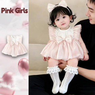 ชุดรอมเปอร์สีชมพูกับโบว์สไตล์เจ้าหญิง สำหรับเด็กหญิงอายุ 0-24 เดือน พร้อมสวมใส่ในวันสำคัญ