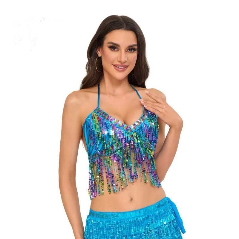 Sequined Bra เครื่องแต่งกายการแสดงหญิง Belly Dance Pole Dance Practice Indian Dance Top/ldofs