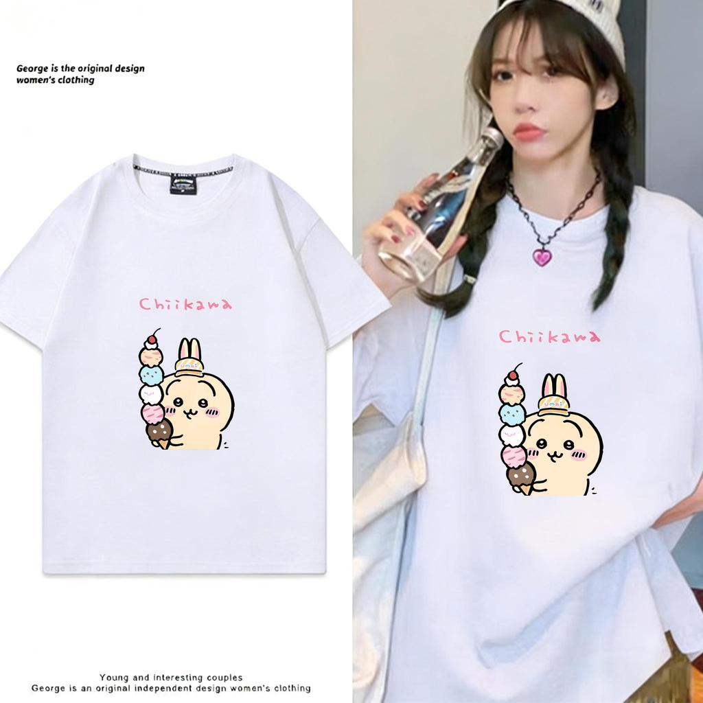 COD 2026Chikawa Custom เสื้อยืดผู้ชายผู้ใหญ่เสื้อยืดผู้หญิง Chikawa Bunny Ice Cream พิมพ์ Tshirt ผ้า