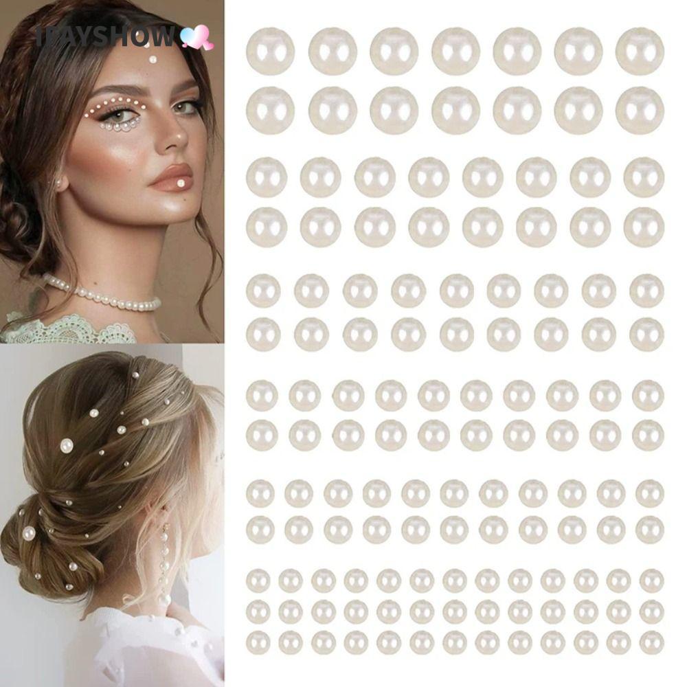 IFAYSHOW Hair Pearls Stick, Self กาว beige Pearls สติกเกอร์,แฟชั่นผสมสวย 3 มม./4 มม./5 มม./6 มม.ไข่มุก Face Pearls สติกเกอร์สําหรับผมแต่งหน้า