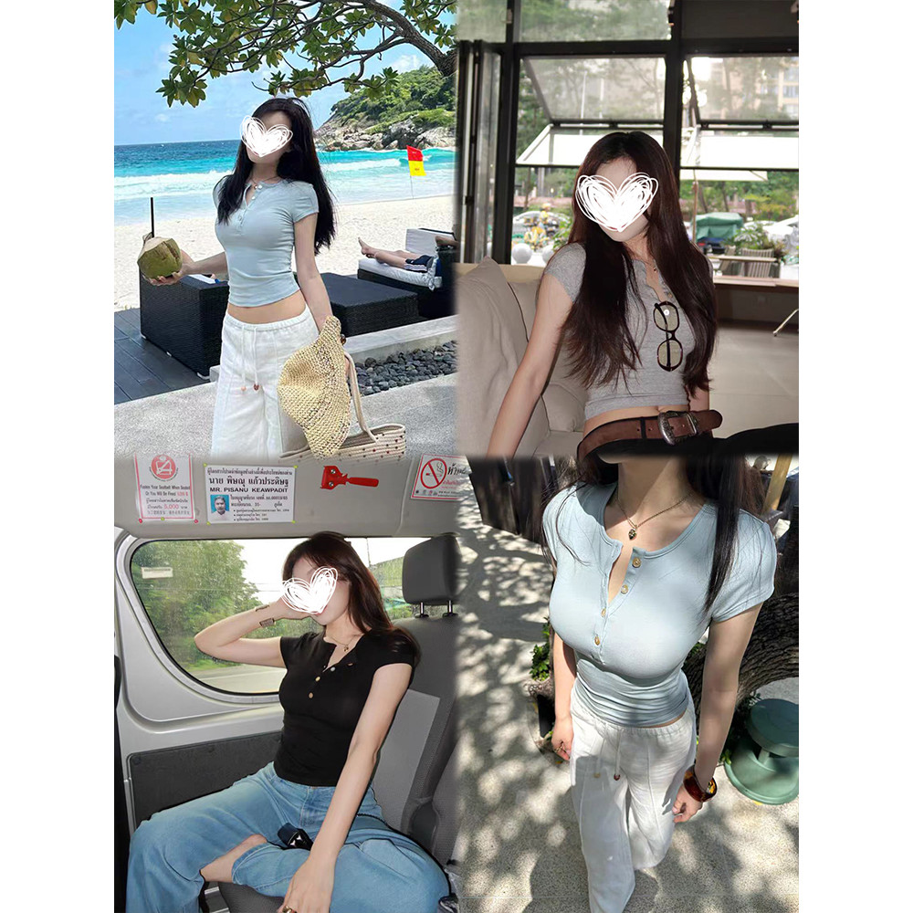 <Moses Queen> เสื้อยืดคอวีสไตล์เกาหลีสีฟ้าสำหรับผู้หญิง ทรงเข้ารูปสำหรับฤดูร้อน แขนสั้นใส่แล้วดูดี