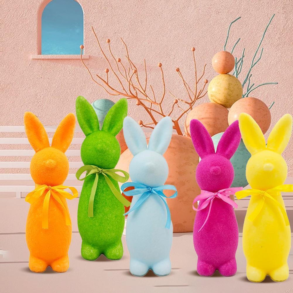 Easter Flocked Bunnies Figurine Bow Tie บ้านสวน Courtyard ตกแต่ง Z2c7
