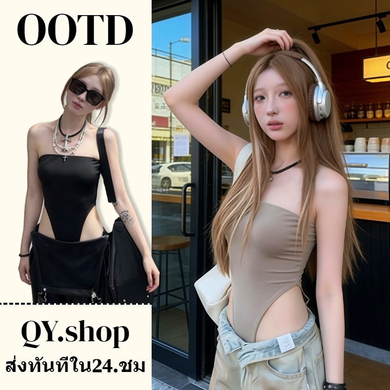 QY.shop ชุดบอดี้สูทผู้หญิงสีพื้นไม่มีแขน กางเกงทรงสามเหลี่ยม แบบเกาะอก เซ็กซี่ กระชับผิว แสดงรูปร่างให้ดูผอม-FYA019