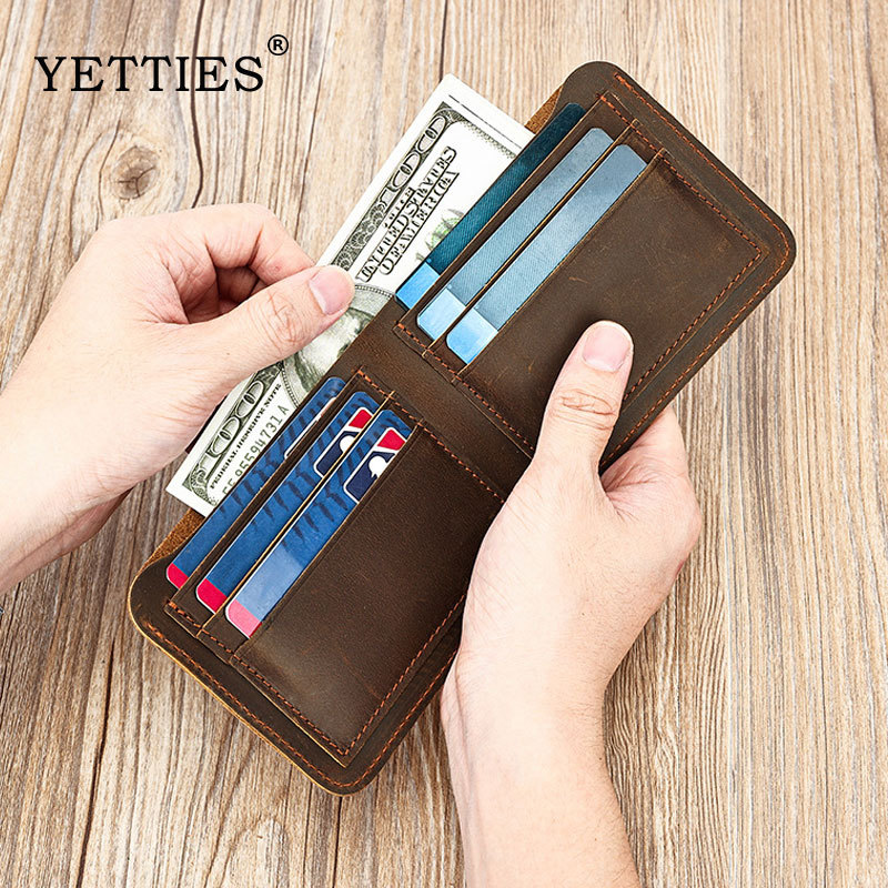 YETTIES Vintage Crazy horse กระเป๋าสตางค์ผู้ชายหนังแท้กระเป๋าสตางค์หนังสั้นกระเป๋าสตางค์สําหรับคลิปเ