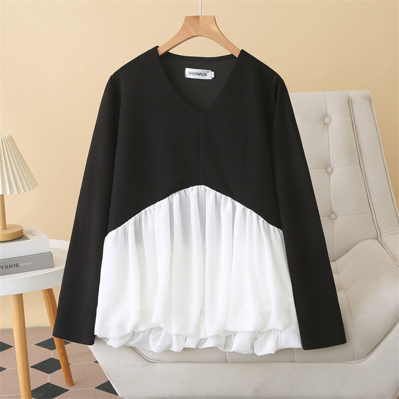 พลัสขนาดผู้หญิง 3XL-5XL V คอสีขาวสีดํา Patchwork ฤดูใบไม้ผลิฤดูใบไม้ร่วงเสื้อขนาดใหญ่แฟชั่น A-line ห