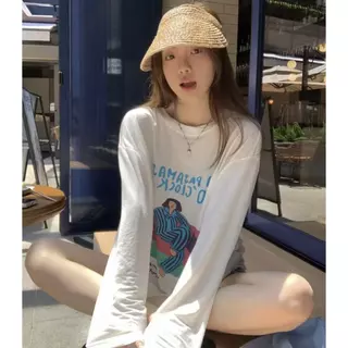 ส่งไวจากไทย เสื้อยืดผู้หญิง แขนยาว พิมพ์ลาย ทรงหลวม ใส่สบาย กันแดด ปาดไหล่ Lalita