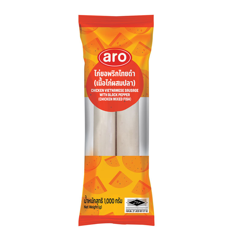 เอโร่ ไก่ยอสูตรพริกไทยดำแบบเส้นยาว (ไก่ผสมปลา) 1 กก. (GSB Chicken Cocktail Sausage 1 kg)
