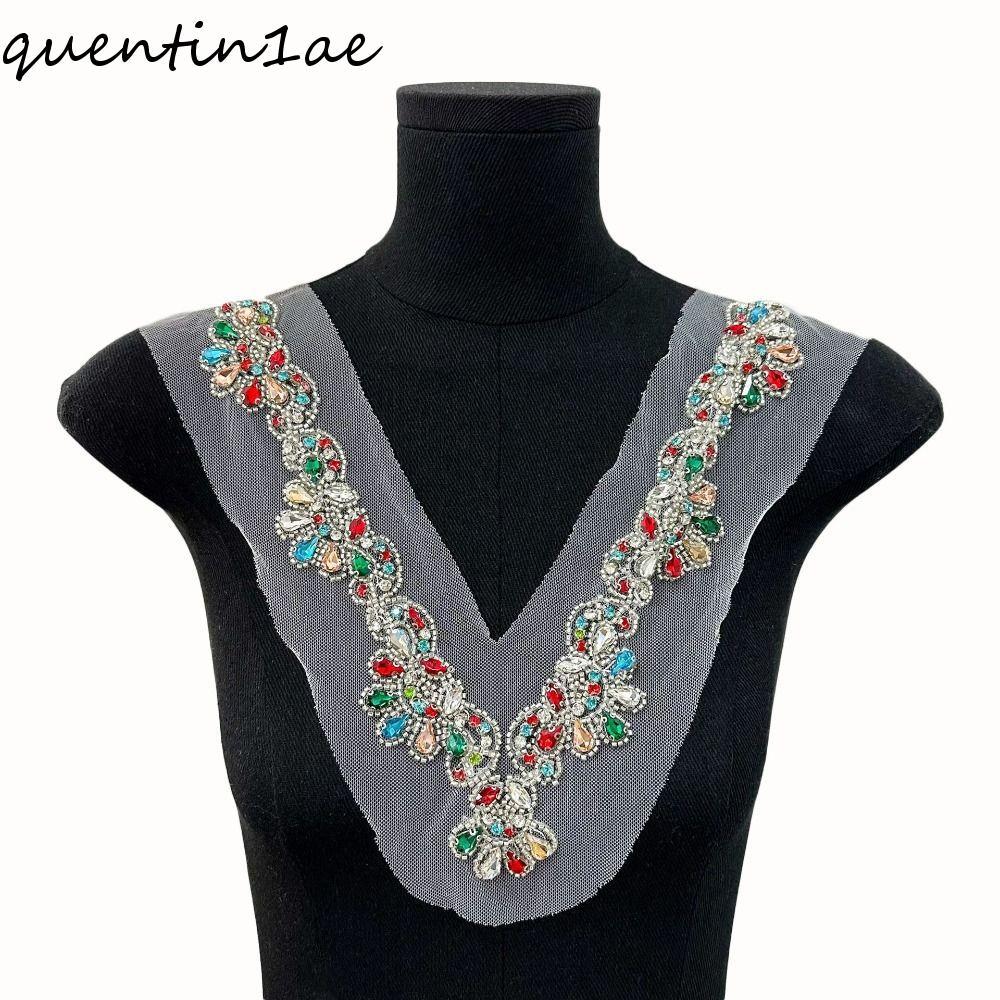 QUENTIN1AE ปลอกคอลูกไม้และลูกปัดคริสตัล ตกแต่งด้วย Rhinestone V สำหรับเครื่องประดับคอ