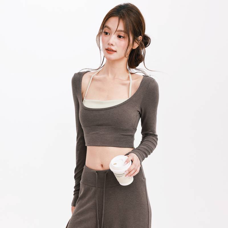 Halterneck Long-Sleeved Fake Two-Piece Yoga Clothes Short Pilates Yoga Workout Clothes Stretch T-shi