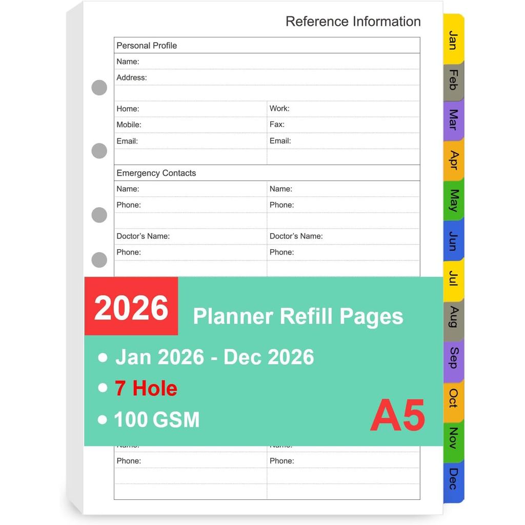 Tiankool 2026 Planner Refill สําหรับ A5 7-Ring Binder,Weekly & รายเดือน Planner Inserts Runs จาก Jan