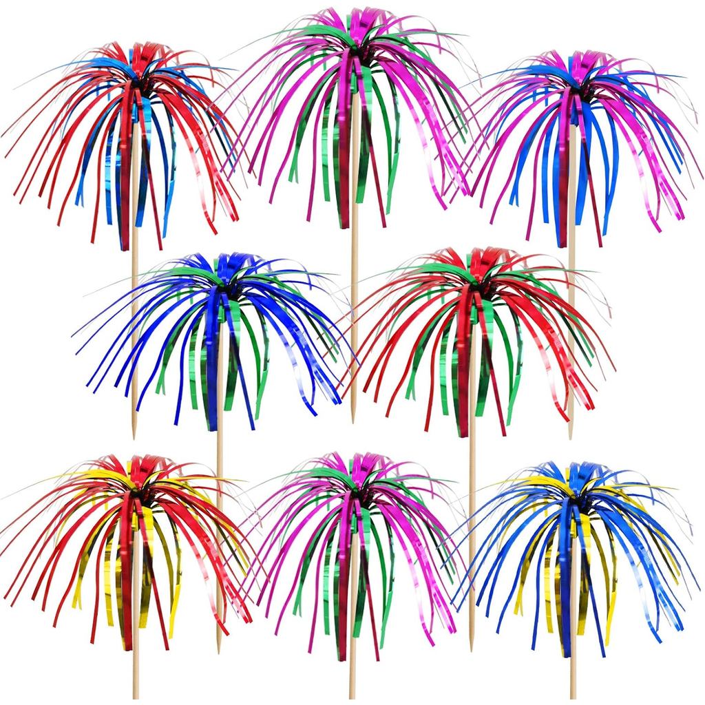 BLUE TOP ค็อกเทล Picks ฟอยล์ไม้ Firework เค้ก Picks 9 นิ้ว 100 ชิ้น,Cupcake Toppers สําหรับตกแต่งเค้