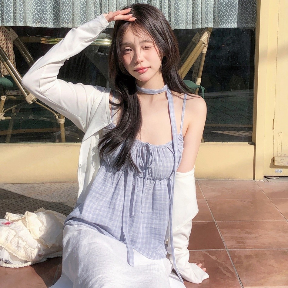 เสื้อกั๊กลายสก็อตแบบคล่องตัว มีริบบิ้น สไตล์เกาหลี