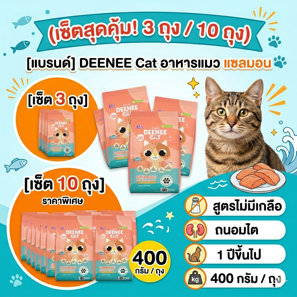 ( 3 ถุง / 10 ถุง) อาหารแมว ดีนี่แคท Deenee Cat โปรตีนสุง ไม่เติมเกลือ เน้นสุขภาพไต รสแซลมอน 400 g